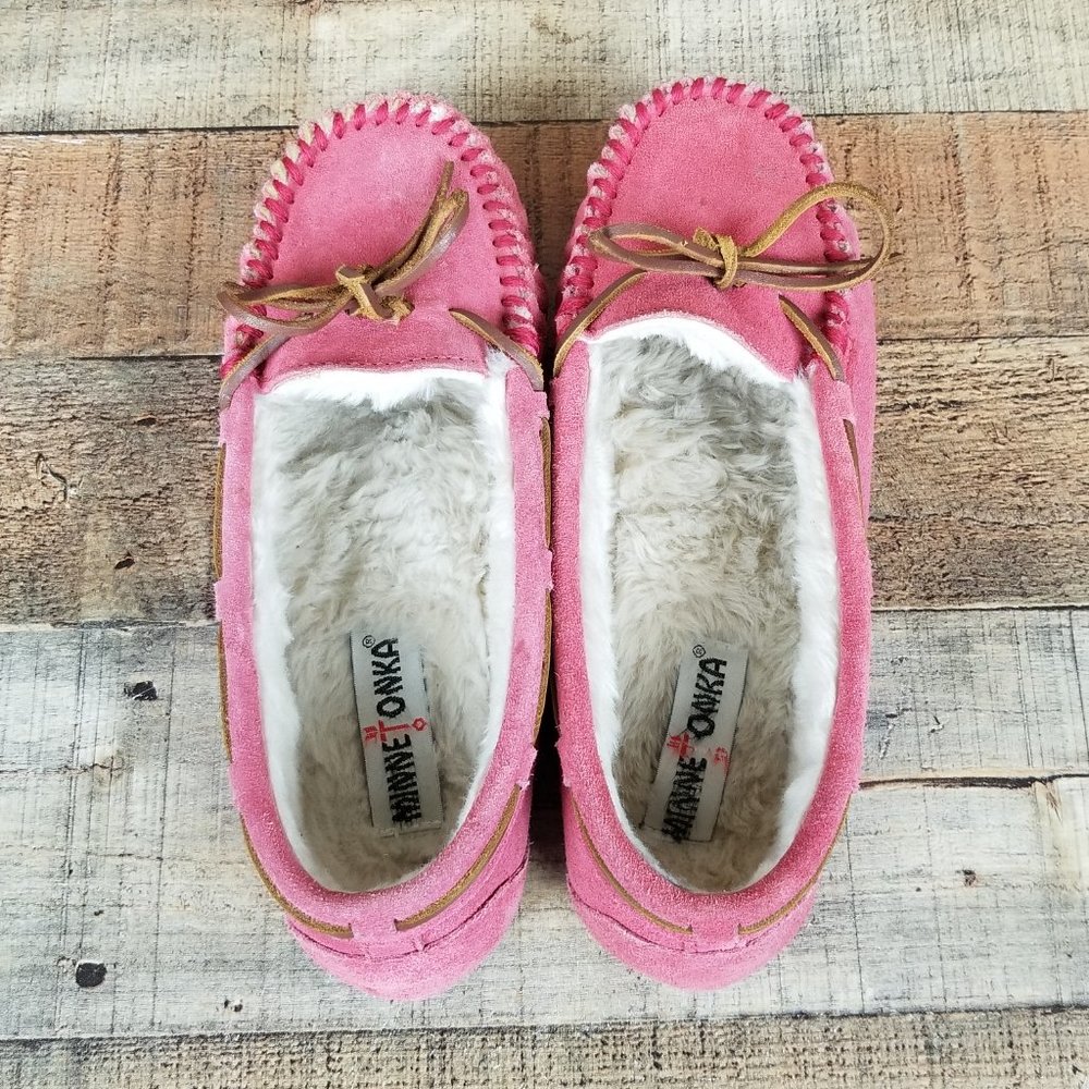 Minnetonka Pink Faux Fur Women Sz 8 Lined Suede Flats Moccasin Slippers Shoes - Picture 6 of 9